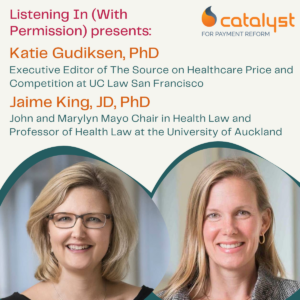 Event poster announcing speakers Katie Gudiksen, PhD and Jaime King, JD, PhD, with Catalyst logo and two circular headshots of the speakers.